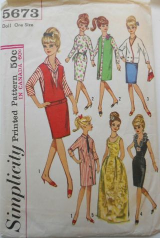 Vintage Simplicity Pattern 5673 Barbie Fashion 11 1/2 " Doll Clothes Wardrobe