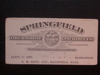 Antique Advertising Blotter Springfield Fire & Marine Insurance Co. ,  C1875