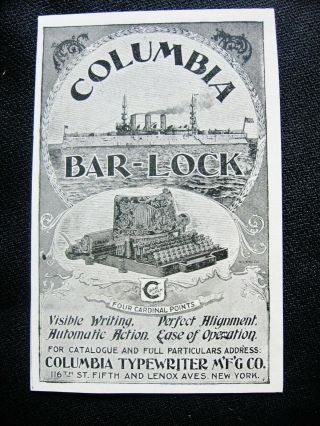 1897 Antique Columbia Bar - Lock Typewriter Vtg Art Print Ad Neat Battleship Photo