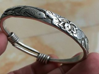 China Tibet Old Silver Carved Fish Fish Bracelet Every Year年年有鱼