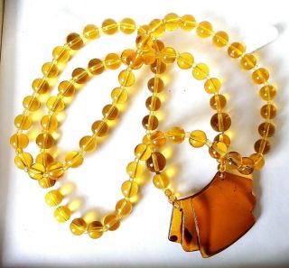 Vintage Antique Art Deco Amber Glass Bead Necklace Geometric Pendant 30 Inches