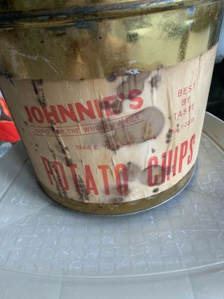 Vintage Large Johnnie’s Potato Chip Tin Container 14” X 12” Gold (rare)