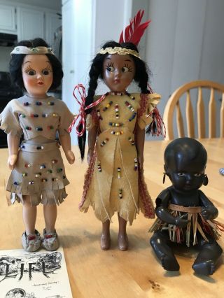 Doll Native American Girls 7 1/2” Antique Vintage African Baby Celluloid