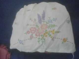 A Very Pretty White Linen Hand Embroidered Tea Cosy Cover With Pad 13 " X 10 "