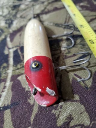 Antique Vintage Fishing Lure Wood Unknown Maker 3 Hooks Metal Eyes Topwater Plug 2