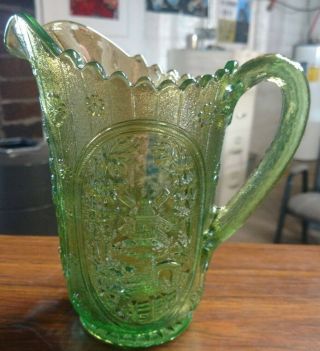 Rare Vintage Green Carnival Glass Windmill Pitcher