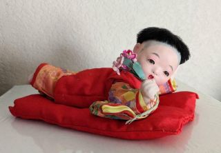 Antique Japanese Gofun Doll Handmade Jointed Ichimatsu 8 " Crawl Baby Glass Eyes