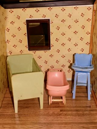 Vintage Miniature Small Marx Dollhouse Baby Nursery Crib High Chair & Stroller