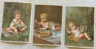3 Victorian Trade Cards Baby Boy Girl Antique Toy Drum Soldiers Paint 4.  5”x3”