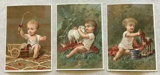 3 Victorian Trade Cards Baby Boy Girl Antique Pull Toy Horse Cart Sheep 4.  5”x3”