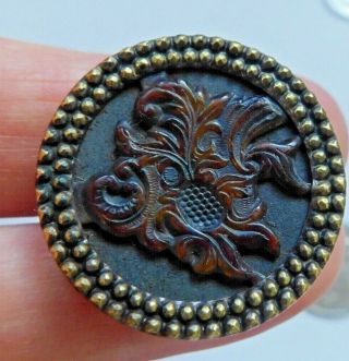 27mm Antique Brass Picture Button W/ Leather Center Leaves Thistle