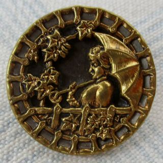 1 " Antique 2 - Piece Stamped Brass Button,  Lady Carrying Umbrella