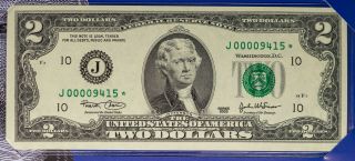2003 Usa Rare $2 Bill Very Low Serial Number 00009415 Star Note Kansas City (dr)
