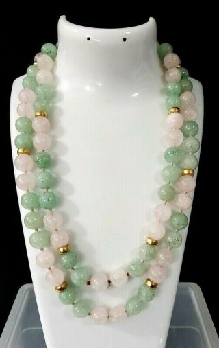 Vintage Pink Quartz And Jade Semi Precious Stone Bead Necklace 34 "
