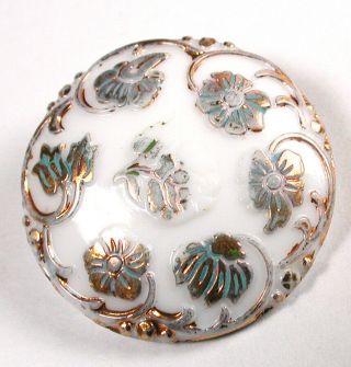 Antique Victorian Glass Button White Flowers W/ Gold Luster & Paint - 7/8 "