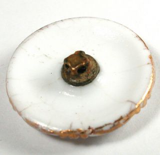 Antique Victorian Glass Button White Flowers w/ Gold Luster & Paint - 7/8 