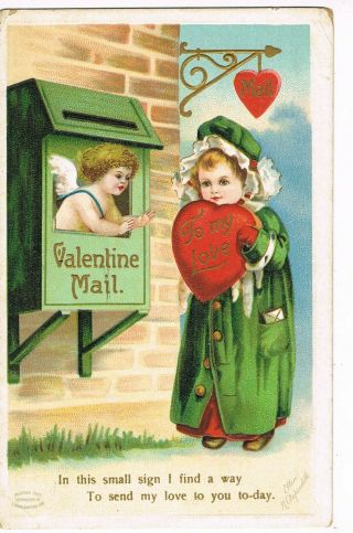 Antique Valentine Postcard (ellen Clapsaddle) Cupid Inside Mailbox,  Heart