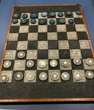 Vintage Backgammon Chess Checkers Board Set Folk Art Wood / Stone Rare Unique