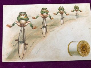 Antique Victorian Trade Card J & P Coats Line Of Frogs Riding Bicycles