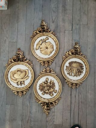 Vintage Rare Gold Flower Wall Plaques - Gold Decor - Homco - 70s Set Of 4