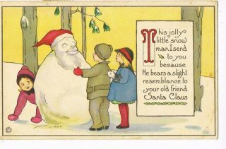 Antique Christmas Postcard Children With Their " Santa Claus Snowman "