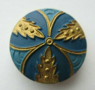 Lovely Antique Vtg Cold Painted Enamel On Metal Button W/ Turquoise 7/8 " (g)