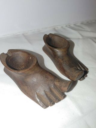 Ashtray Wood Feet Carved Vintage Folk Art Wooden Bare Feet Ash Tray Big Toes