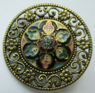 Marvelous Large Antique Vtg Enamel Metal Button W/ Glass Paste 1 - 1/4 " (w)