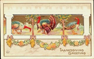 Arts & Crafts Thanksgiving Turkeys N Barnyard Orange Trees Gold Antique Postcard
