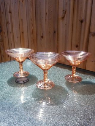 Pink Ribbed Depression Glass Manhattan Margarita Compote Rare Set Of 3