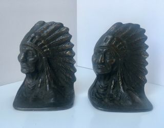 Rare Cast Iron Circa 1910 Antique Native American Indian Chief Head Bookends