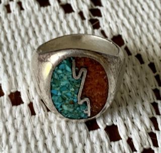 Vintage Sterling Silver Old Pawn Navajo Turquoise Coral Inlay Ring Size 8.  5 Rare