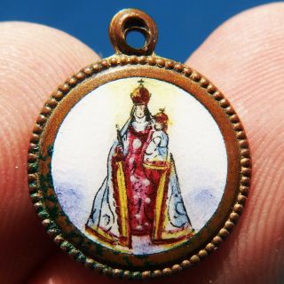 Rare Blessed Virgin Mary Enamel Bronze Medal Old Religious Spanish Pendant