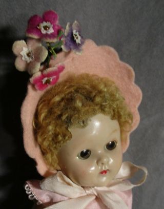 Vintage Doll Hat For Ginny,  Muffie,  Alex - Pink Felt W/flowers