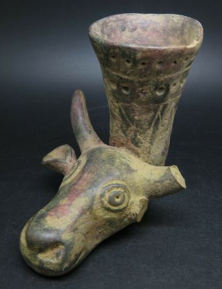 Ancient Persian Terracotta Ceremonial Rhyton Vessel With Bull Head Defects