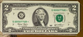 2003 Usa Rare $2 Bill Very Low Serial Number 00007768 Chicago Star Note (dr)