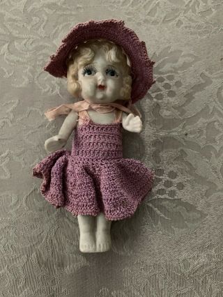 Japan Vintage Bisque Kewpie Doll 5 " Crocheted Dress And Hat