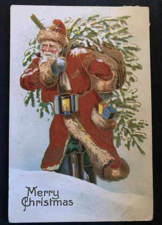 Long Red Robe Santa Claus With Tree Toys Antique Christmas Postcard - A686