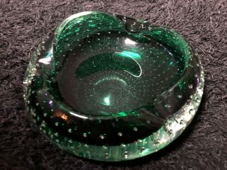 Italian Murano Art Glass Rare Green With Controlled Bubbles Ashtray Bowl 6”
