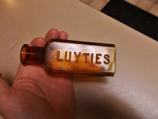 Antique Medicine St Louis Druggist Bottle Luyties Amber Tooled / Applied Top
