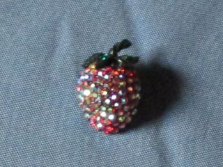 Vintage Weiss Japanned Metal Red A/b & Green Rhinestone Strawberry Pin Brooch