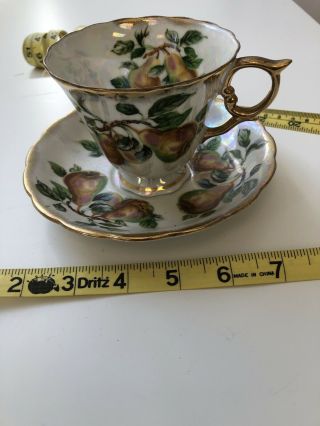 Vintage Iridescent Luster Pedestal Tea Cup And Saucer Pears Gold Accents