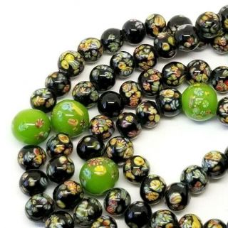 26 " Strand Floral Motif Vintage Glass Beads Black Green 6mm 8mm Handmade