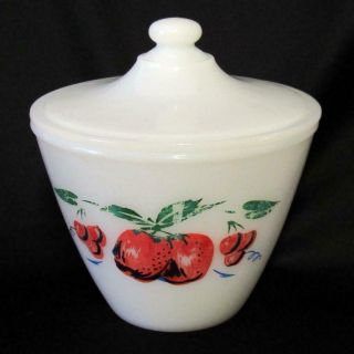 Vtg Collectible Rare Fire King White Grease Jar Bowl Apples & Cherries W/ Lid