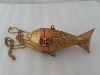 Rare Vintage Antique Copper Brass Metal Unique Fish Chain Fish Purse Snuff Case