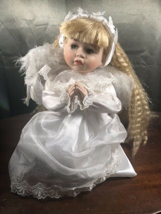 Kneeling Angel Doll In Prayer Porcelain Blonde Hair White Dress Feather Wings