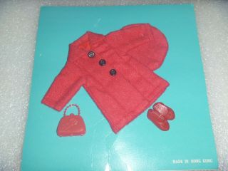 Vintage Hong Kong Skipper Clothes On A Sew Card Red Coat,  Hat,  Shoes & Purse