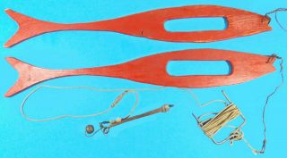 Rare Antique Ice Fishing Tip Ups Red Wooden Fish With Bell Alarm Folky
