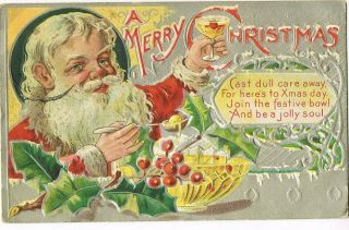Antique Embossed Christmas Postcard Santa Claus Holding Glass Of Punch