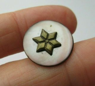 Lovely Antique Vtg Carved Mop Shell Button W/ Metal 6 Point Star 3/4 " (u)